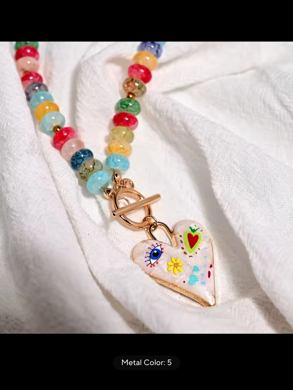 Multicolor Beaded Necklace with Heart Pendant - Picture 12 of 13